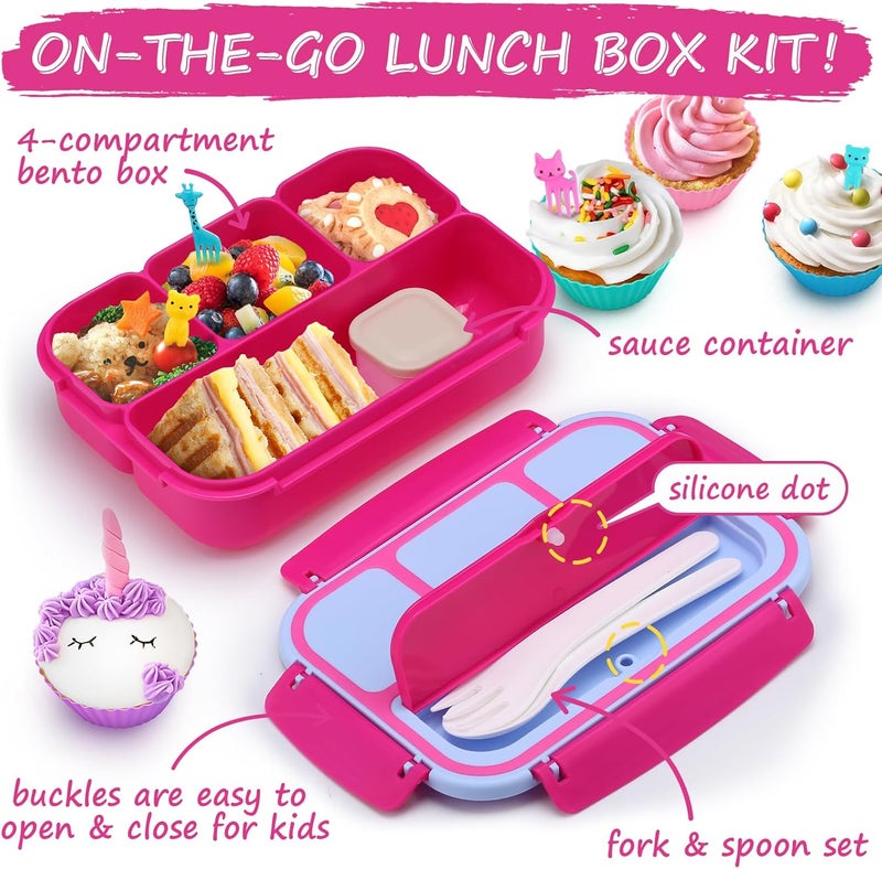 QQKO Bento Box for Kids Adults, School Toddler Lunch Box for Boys Girls, Lunch Box Containers with 4 Compartments, Sauce Container, Utensils, Food Picks and Muffin Cups for School, Pink Blue - Image 3